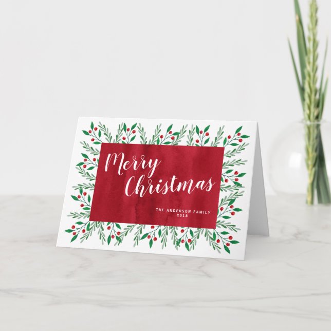 Personalized Christmas Red Watercolor Floral Holiday Card (Front)