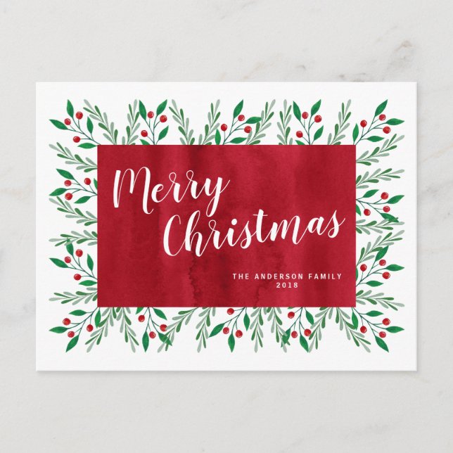 Personalized Christmas Red Watercolor Floral Holiday Postcard (Front)