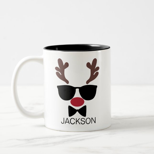 Personalized Christmas Reindeer Face Christmas Two-Tone Coffee Mug (Left)