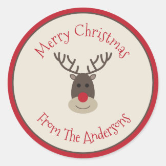 Personalized Christmas Reindeer Family Name Classic Round Sticker