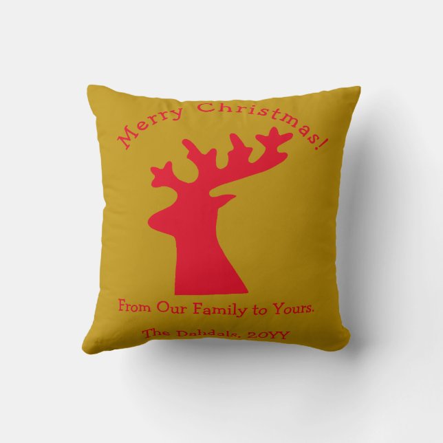 Personalized Christmas Reindeer Green Red Gold Throw Pillow (Back)