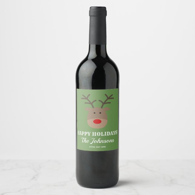 Personalized Christmas reindeer Happy Holidays Wine Label (Front)
