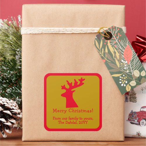 Personalized Christmas Reindeer Head Red and Gold  Square Sticker