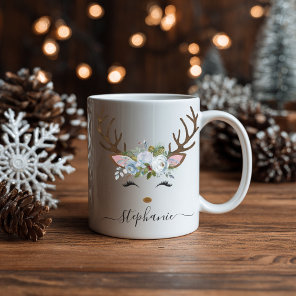 Personalized Christmas Reindeer Holiday Floral Coffee Mug