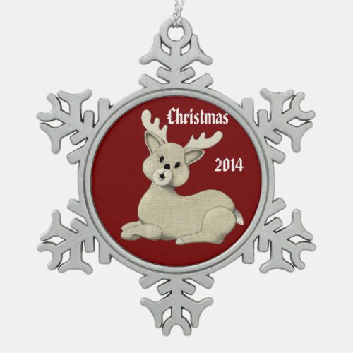 Personalized Christmas Reindeer on Red Snowflake Pewter Christmas Ornament