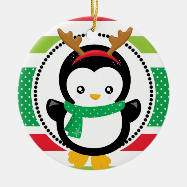Personalized Christmas Reindeer Penguin Holiday Ceramic Ornament (Front)