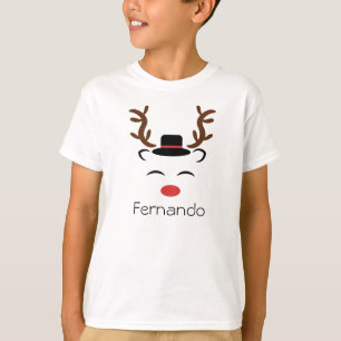 Personalized Christmas Reindeer red nose black hat T-Shirt