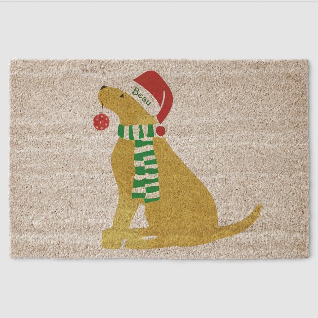 Personalized Christmas Retriever Holiday Dog Fiber Doormat (Front)
