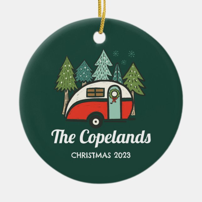 Personalized Christmas Retro Camper Ceramic Ornament (Front)