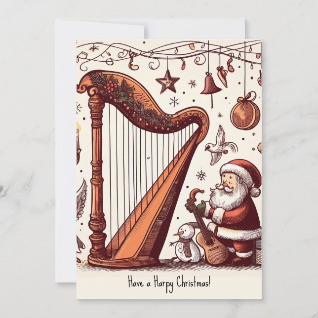 Personalized Christmas Santa Harp Greeting Card (Front)