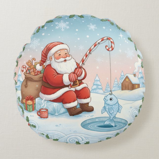 Personalized Christmas Santa Ice Fishing   Round Pillow (Front)