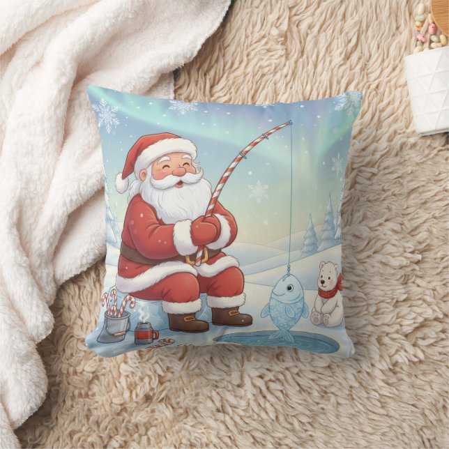 Personalized Christmas Santa Ice Fishing   Throw Pillow (Blanket)