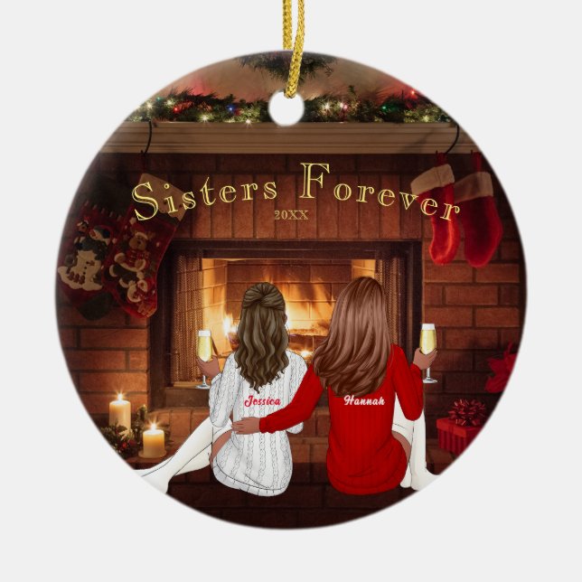 Personalized Christmas Sisters Besties Holidays  Ceramic Ornament (Front)