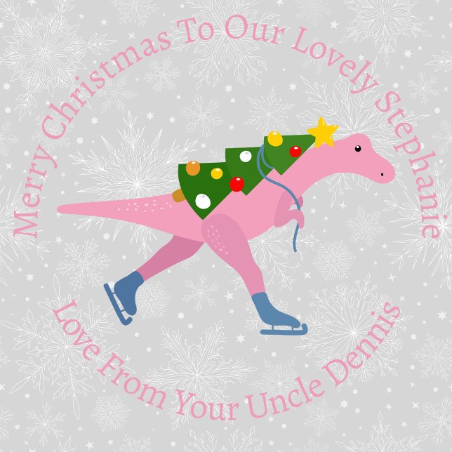 Personalized Christmas Skating Pink Dinosaur Wrapping Paper (Creator Uploaded)