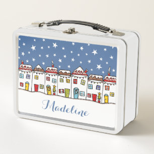 Personalized Christmas Snow Street Scene Metal Lunch Box