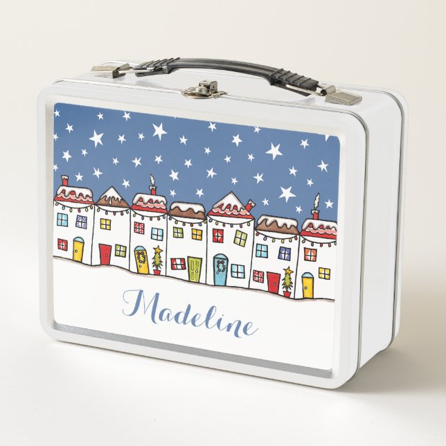Personalized Christmas Snow Street Scene Metal Lunch Box (Front)