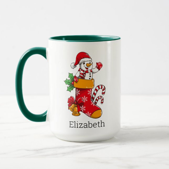 Personalized Christmas Snowman Candy Cane Coffee Mug (Left)