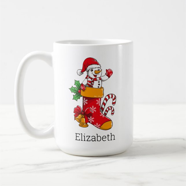 Personalized Christmas Snowman Candy Cane Coffee Mug (Left)