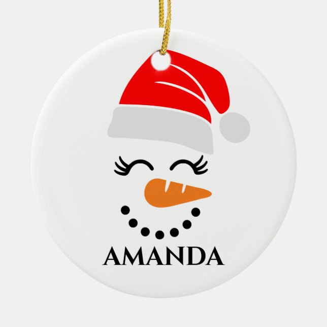 Personalized christmas snowman with custom name  ceramic ornament (Front)