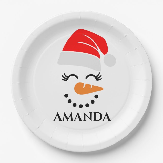 Personalized christmas snowman with custom name   paper plates (Front)