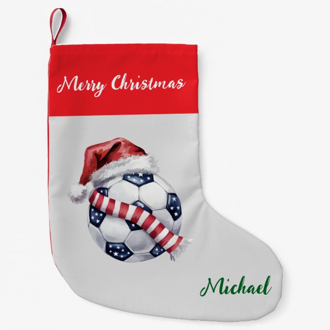 Personalized Christmas Soccer Ball with hat santa  Small Christmas Stocking (Front)