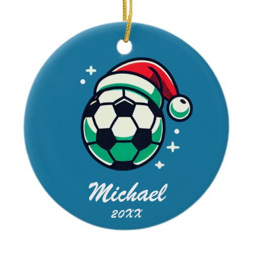 Personalized Christmas Soccer Ball with Santa Hat  Ceramic Ornament