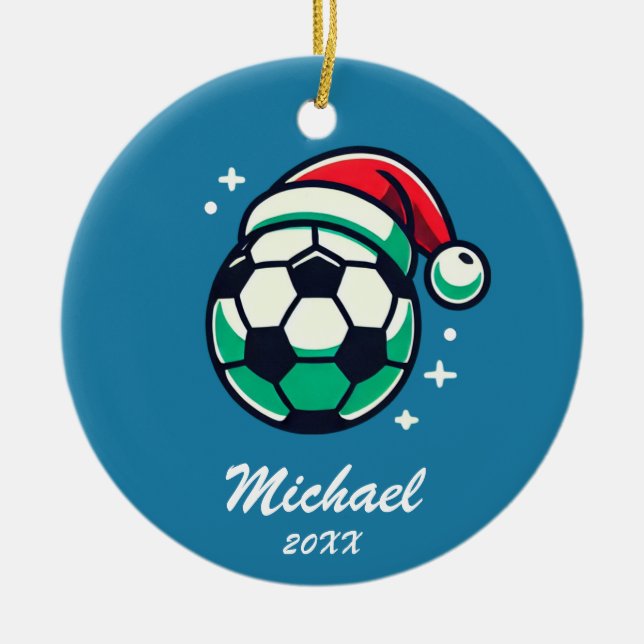 Personalized Christmas Soccer Ball with Santa Hat  Ceramic Ornament (Front)