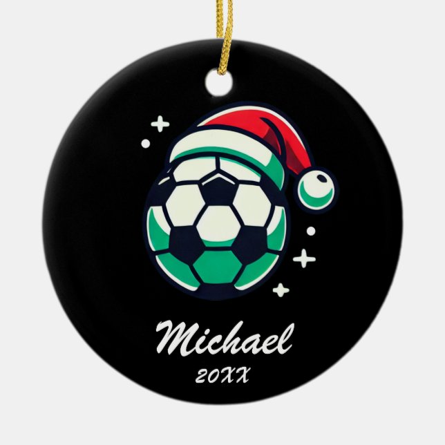 Personalized Christmas Soccer Ball with Santa Hat  Ceramic Ornament (Front)