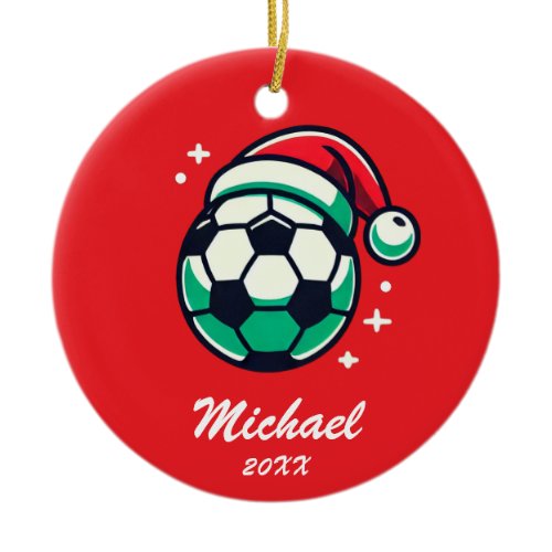 Personalized Christmas Soccer Ball with Santa Hat  Ceramic Ornament