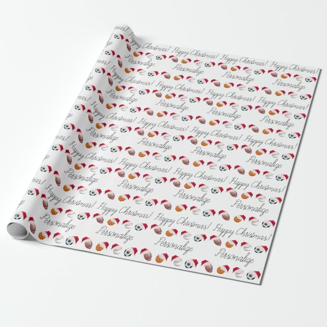 Personalized Christmas Sports Balls Santa Holiday  Wrapping Paper (Unrolled)