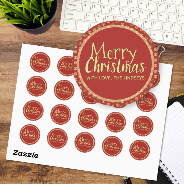 Personalized Christmas Stickers, Snowflakes Red Classic Round Sticker (Merry Christmas red custom text stickers)