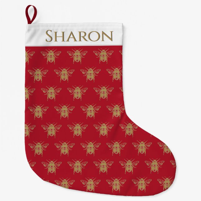 Personalized Christmas Stocking with Gold Bee (Front)