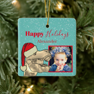 Personalized Christmas T-Rex Dinosaur Kids Photo Ceramic Ornament