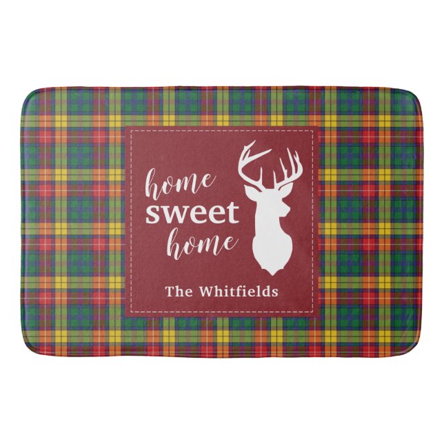 Personalized Christmas Tartan Clan Buchanan Plaid Bath Mat (Front)