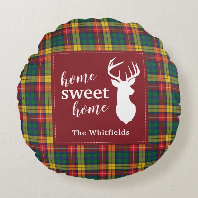 Personalized Christmas Tartan Clan Buchanan Plaid Round Pillow (Front)
