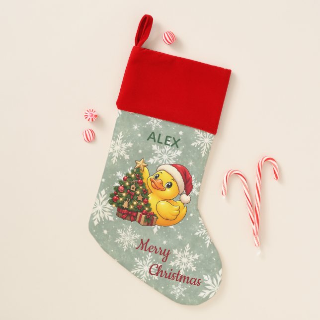 Personalized Christmas Tree Decorating Rubber Duck Stocking (Front)