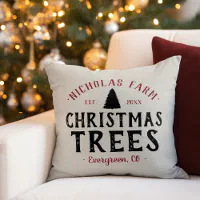 Farmhouse Personalized Family Christmas Tree Farm Vintage Truck Pillow  Cover with Red Font