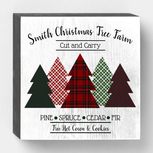 Personalized Christmas Tree Farm Plaid Red Green Wooden Box Sign (Front Horizontal)
