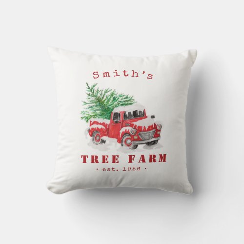 Personalized Christmas Tree Farm Red Truck Throw Pillow