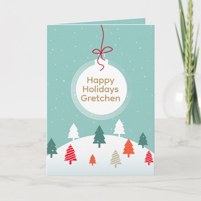 Personalized Christmas Tree Ornament Teal Snow     Holiday Card (Front)