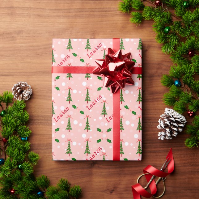 Personalized Christmas Tree & Present Pink Green  Wrapping Paper (Holiday Gift)