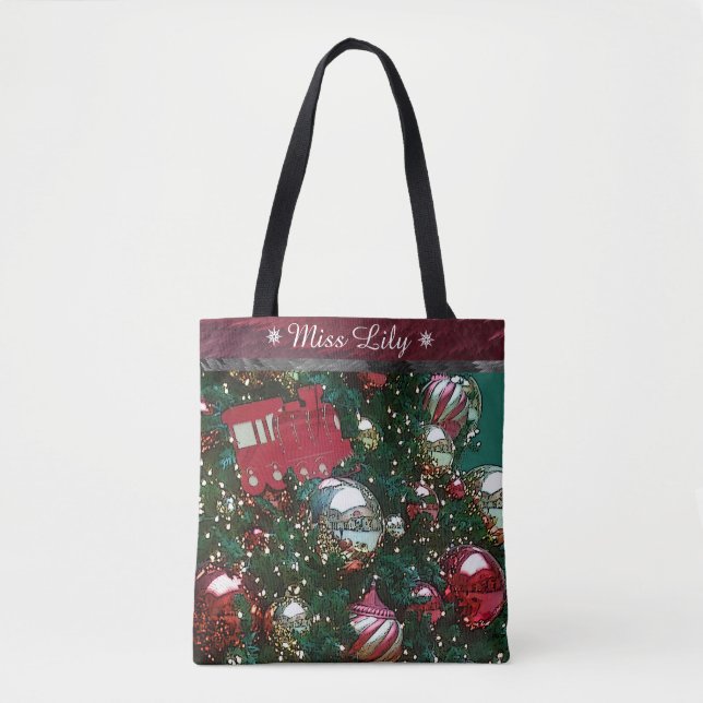 Personalized Christmas Tree Union Station Train Tote Bag (Front)