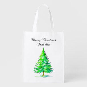 Personalized Christmas Tree Watercolor Grocery Bag