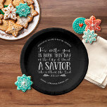 Personalized Christmas Verse Typography Chalkboard Paper Plates<br><div class="desc">Personalized Christmas Bible Verse Typography on Chalkboard Party Paper Plates featuring Luke 2:11 in festive typography on a rustic chalkboard background, with quaint flourishes of white pine branches and pine cones. Perfect for a family gathering, church event, or just to have on hand to remember the Reason for the Season!...</div>