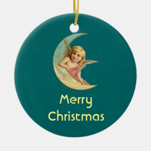 Personalized Christmas Vintage Angel on the moon Ceramic Ornament
