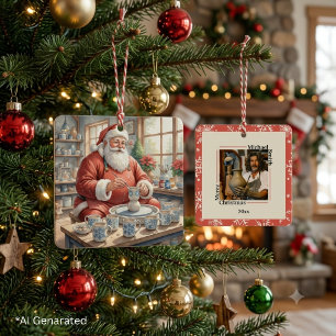 Personalized Christmas Vintage Pottery Santa Photo Metal Ornament