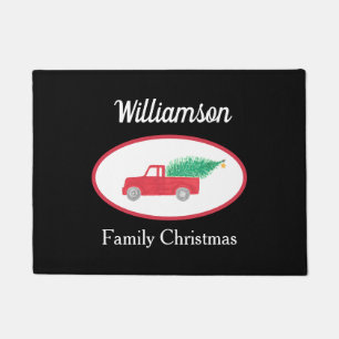 Personalized Christmas Vintage Red Truck Black Doormat