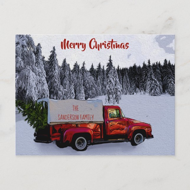 Personalized Christmas Vintage Red Truck Holiday Postcard (Front)