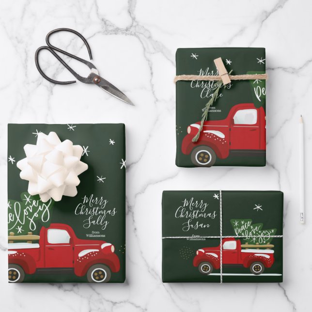 Personalized Christmas Vintage Truck Wrapping Paper Sheets (Front)