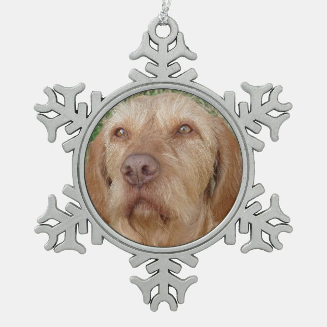 Personalized Christmas Vizsla Pet Photo Snowflake Pewter Christmas Ornament (Front)